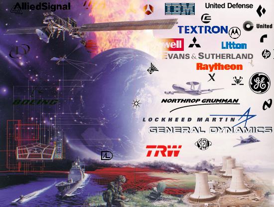 Burning planet, superimposed logos of military contractors